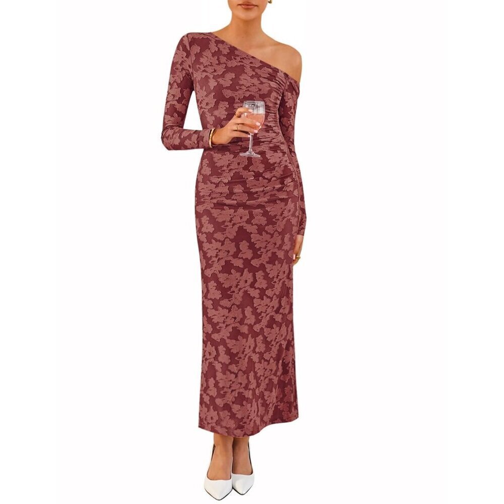 ZESICA Floral Off Shoulder Bodycon Maxi Dress Long Sleeve Ruched Elegant Small